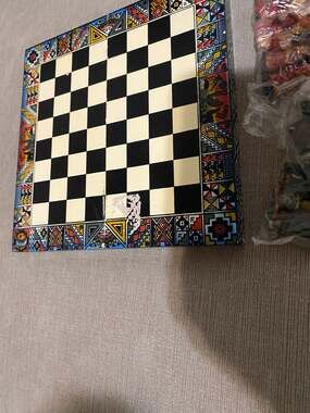 Small Peruvian Wood Piece Chess Game + Folding Wood Board, Handmade, rub mark on